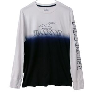 Hollister Men's Long Sleeve Graphic Tee Ombre Dip Dye White Navy Blue Medium